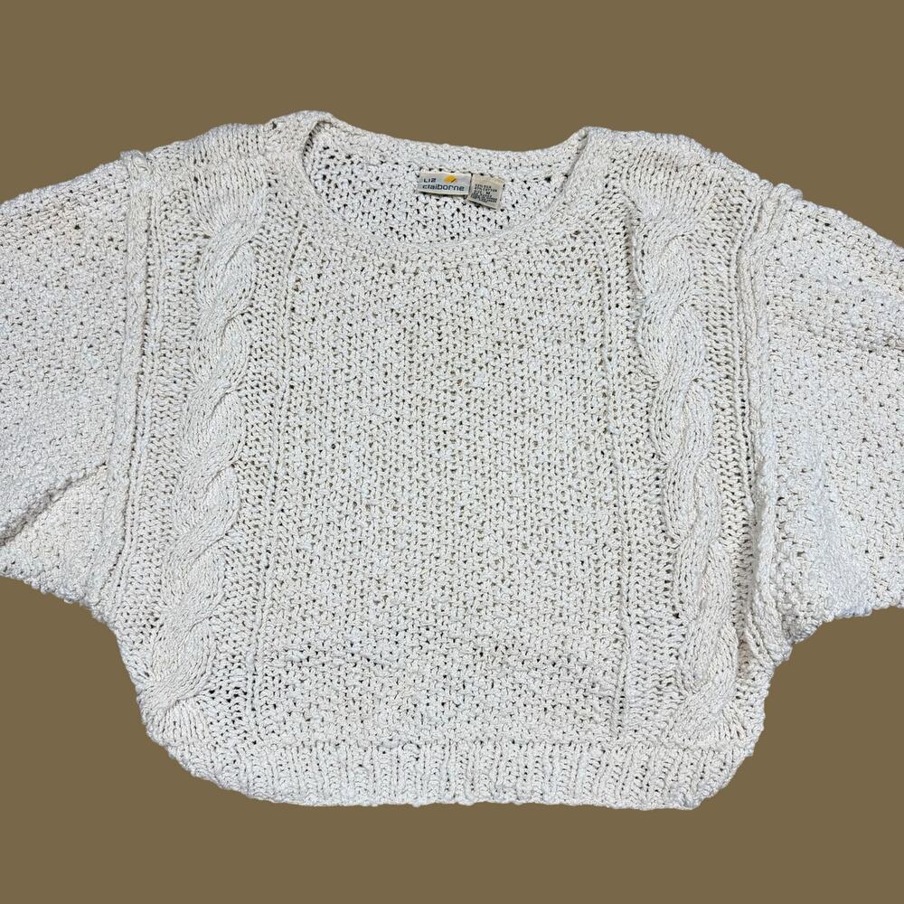 Liz Claiborne Vintage Silk Cotton Chunky Loose Knit Cream Crop Sweater Medium - Picture 4 of 11